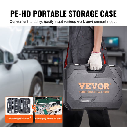 VEVOR Socket Set, 1/4" and 3/8" Drive Socket and Ratchet Set, 6-Point Socket Opening,