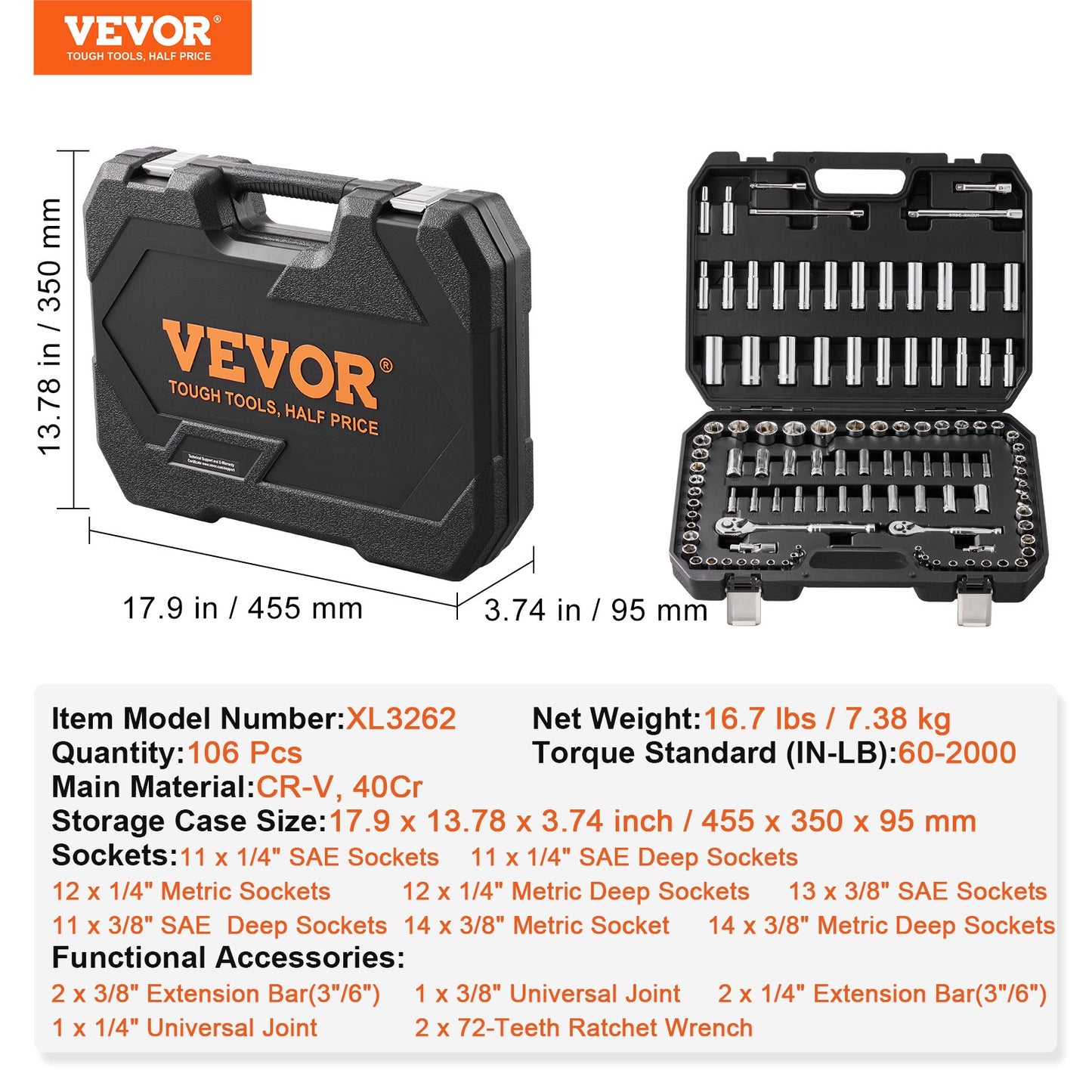 VEVOR Socket Set, 1/4" and 3/8" Drive Socket and Ratchet Set, 6-Point Socket Opening,