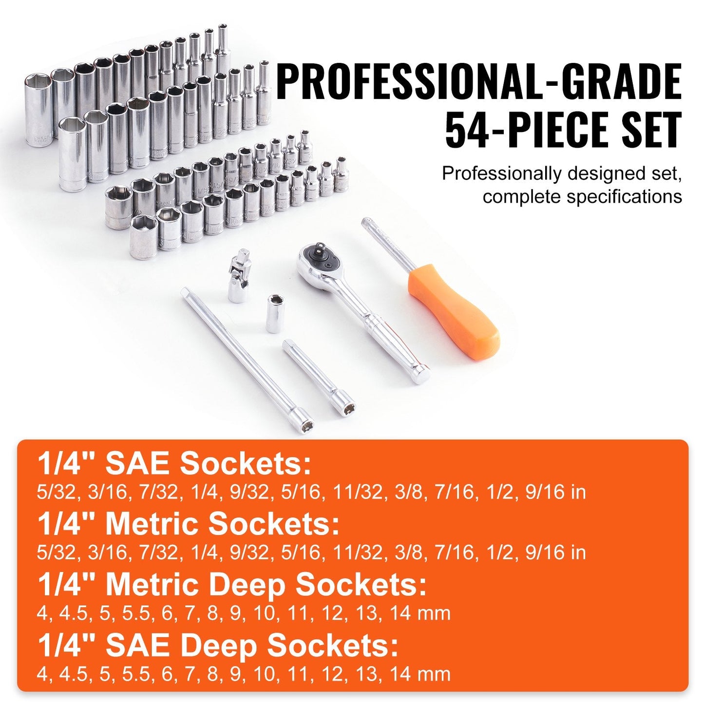 54-Piece Ratchet & Socket Set, 1/4 Meter Drive, SAE & Metric with Case