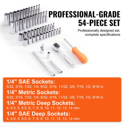 54-Piece Ratchet & Socket Set, 1/4 Meter Drive, SAE & Metric with Case