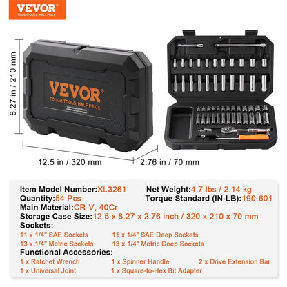 54-Piece Ratchet & Socket Set, 1/4 Meter Drive, SAE & Metric with Case