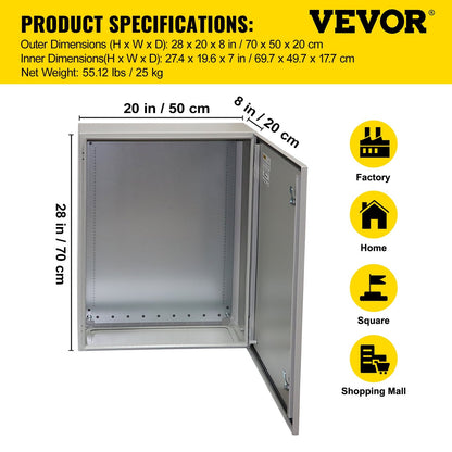 Outdoor Electrical Steel Enclosure Box, NEMA 4, 70x50x20 cm, IP65 Rated