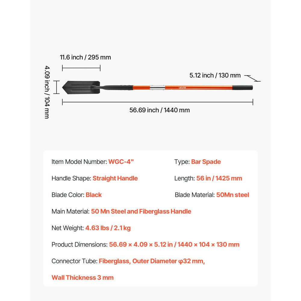 Trench Shovel 10.4cm Blade Trenching Shovel Fiberglass Handle for Digging