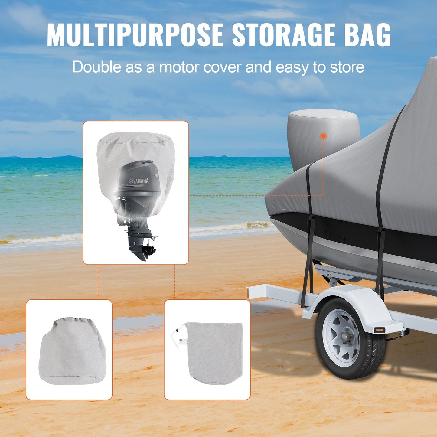 Waterproof T-Top Boat Cover for 6-6.7m Boats, 600D Oxford, Grey, with Straps