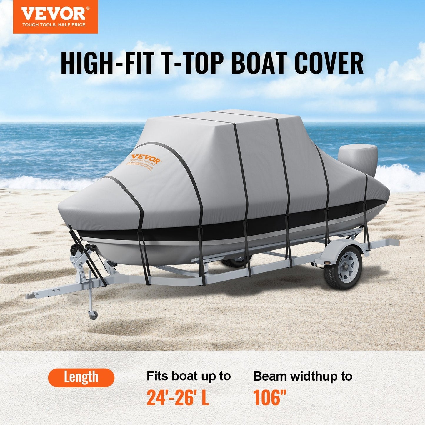 Waterproof 7.3-7.9m T-Top Boat Cover with Windproof Straps, Grey, 600D Oxford