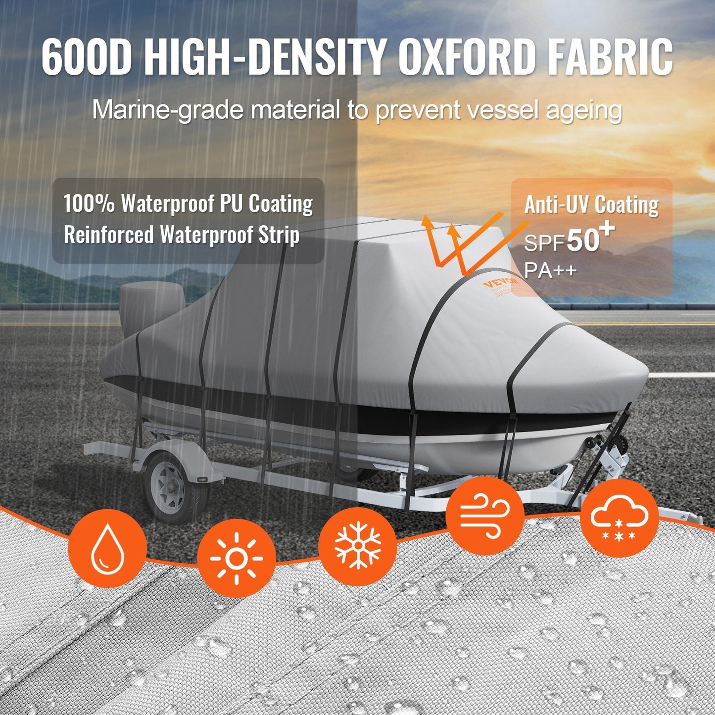 Waterproof 7.3-7.9m T-Top Boat Cover with Windproof Straps, Grey, 600D Oxford