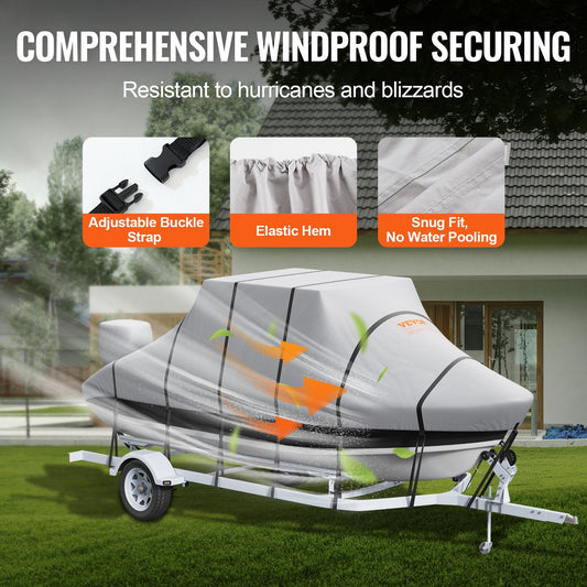 Waterproof 7.3-7.9m T-Top Boat Cover with Windproof Straps, Grey, 600D Oxford