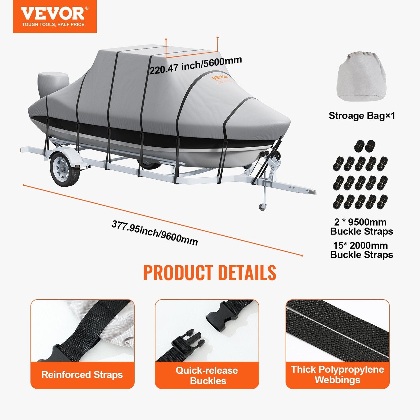 Waterproof 7.3-7.9m T-Top Boat Cover with Windproof Straps, Grey, 600D Oxford