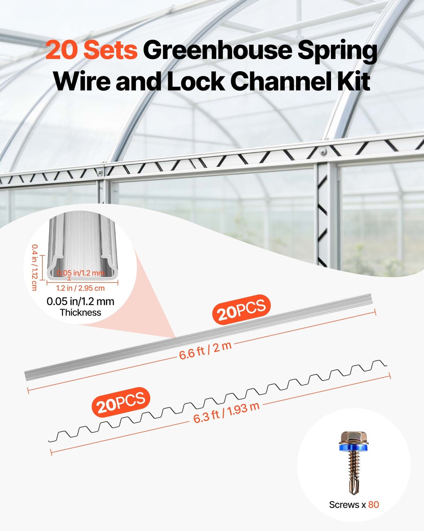 Greenhouse Spring Wire and Lock Channel, 20 Packs 2m PVC-Coated Wiggle Wire & Aluminum Alloy Channel Bundle Kit with Included Screws, 1.2mm Thickened, Poly Film & Shade Cloth Attachments