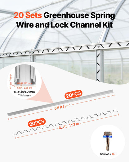 Greenhouse Spring Wire and Lock Channel, 20 Packs 2m PVC-Coated Wiggle Wire & Aluminum Alloy Channel Bundle Kit with Included Screws, 1.2mm Thickened, Poly Film & Shade Cloth Attachments