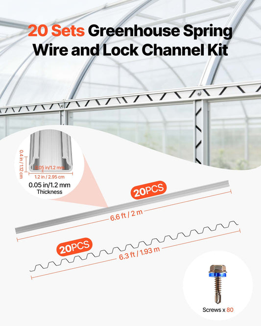 Greenhouse Spring Wire and Lock Channel, 20 Packs 2m PVC-Coated Wiggle Wire & Aluminum Alloy Channel Bundle Kit with Included Screws, 1.2mm Thickened, Poly Film & Shade Cloth Attachments
