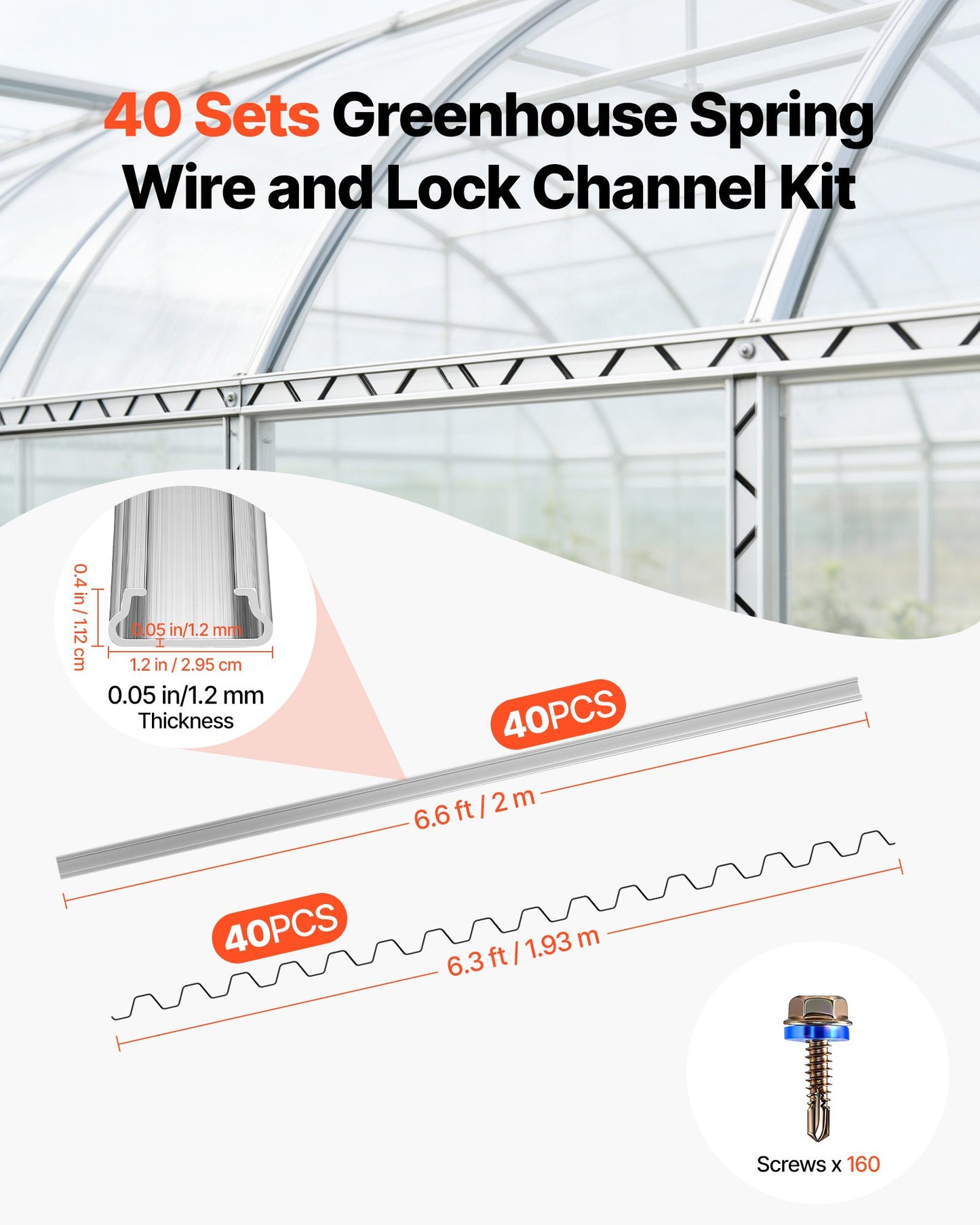 Greenhouse Spring Wire and Lock Channel, 40 Packs 2m PVC-Coated Wiggle Wire & Aluminum Alloy Channel Bundle Kit with Included Screws, 1.2mm Thickened, Poly Film & Shade Cloth Attachments