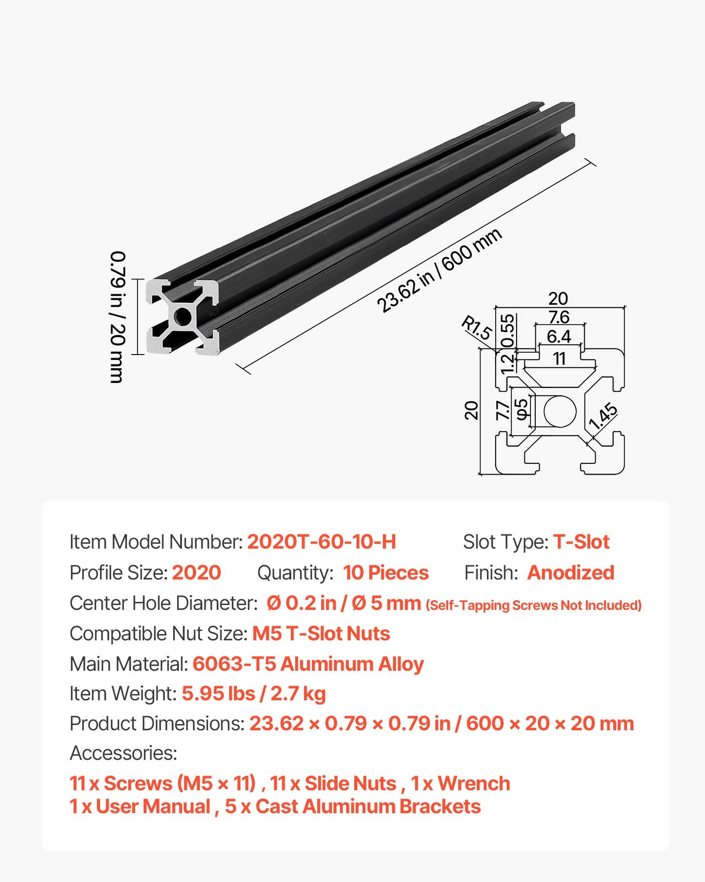 10PCS 2020 Aluminum Extrusion Profile, 23.62 Inch 600 mm, T Slot European Standard Anodized Linear Rail, High-Strength Extruded Aluminum Rail, for 3D Printer Parts and CNC DIY Workbench, Black