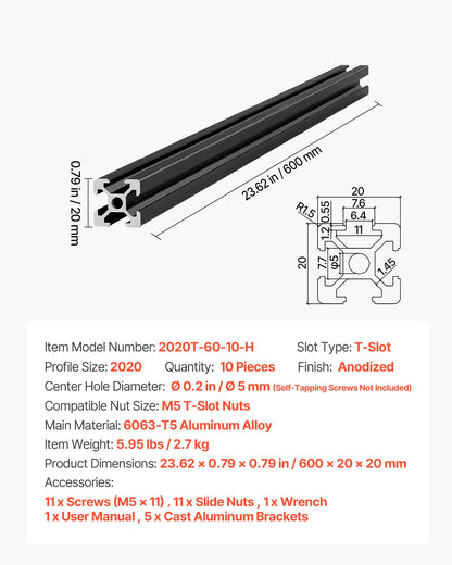 10PCS 2020 Aluminum Extrusion Profile, 23.62 Inch 600 mm, T Slot European Standard Anodized Linear Rail, High-Strength Extruded Aluminum Rail, for 3D Printer Parts and CNC DIY Workbench, Black