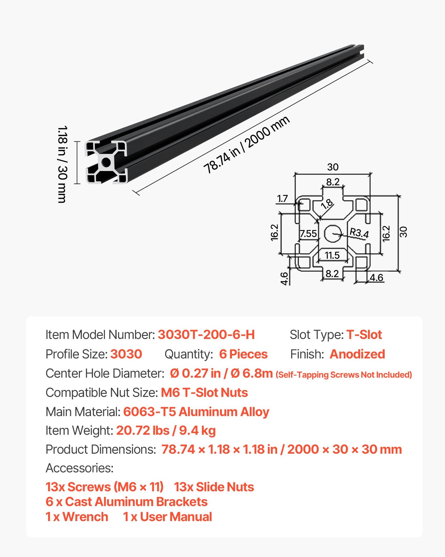 6PCS 3030 Aluminum Extrusion Profile, 78.74 Inch 2000 mm, T Slot European Standard Anodized Linear Rail, High-Strength Extruded Aluminum Rail, for 3D Printer Parts and CNC DIY Workbench, Black