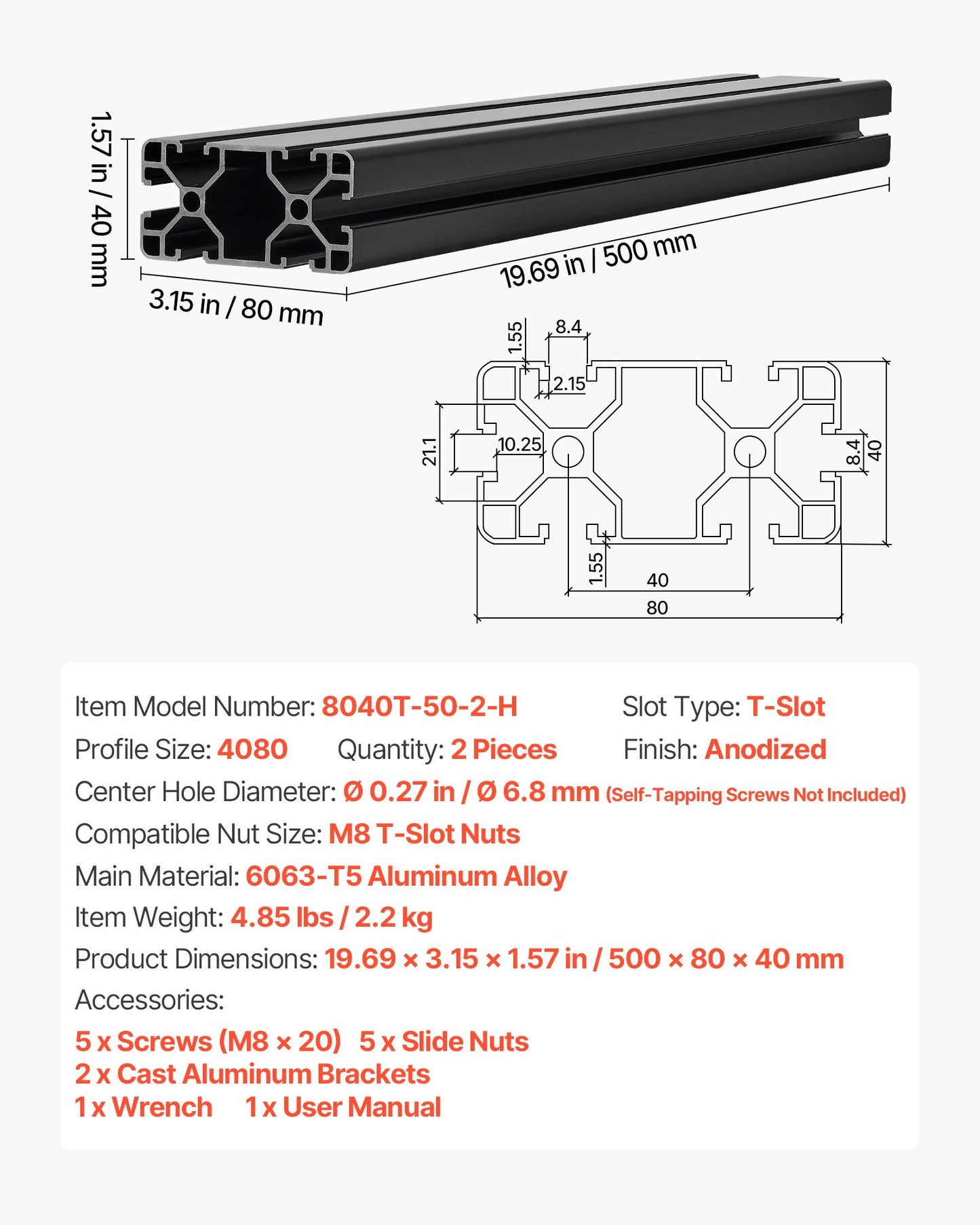 2PCS 4080 Aluminum Extrusion Profile, 19.69 Inch 500 mm, T Slot European Standard Anodized Linear Rail, High-Strength Extruded Aluminum Rail, for 3D Printer Parts and CNC DIY Workbench, Black