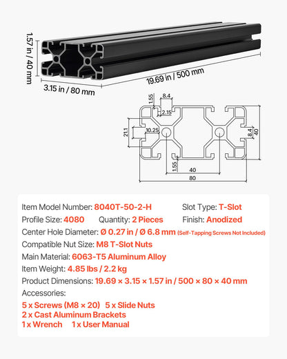2PCS 4080 Aluminum Extrusion Profile, 19.69 Inch 500 mm, T Slot European Standard Anodized Linear Rail, High-Strength Extruded Aluminum Rail, for 3D Printer Parts and CNC DIY Workbench, Black