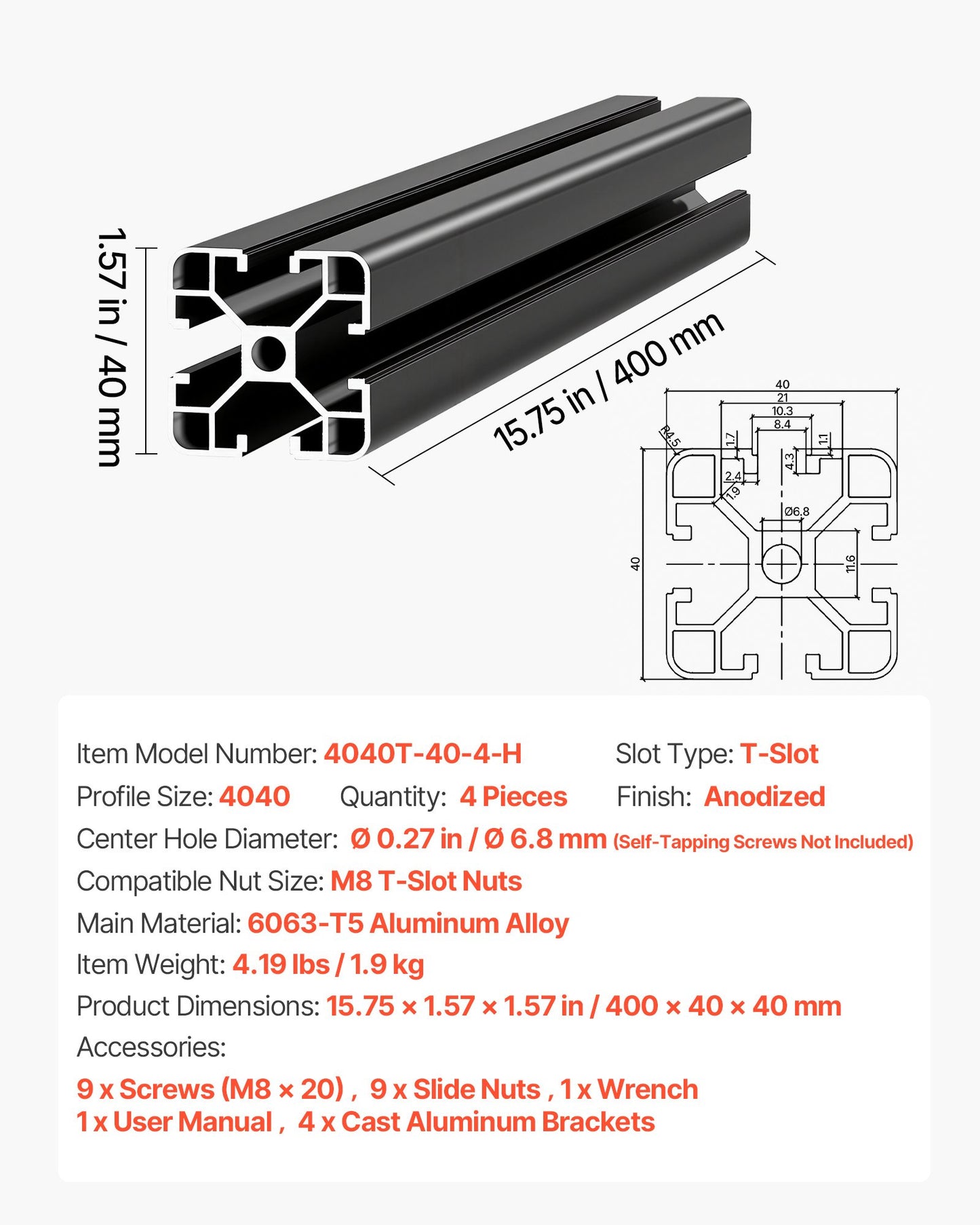 4PCS 4040 Aluminum Extrusion Profile, 15.75 Inch 400 mm, T Slot European Standard Anodized Linear Rail, High-Strength Extruded Aluminum Rail, for 3D Printer Parts and CNC DIY Workbench, Black