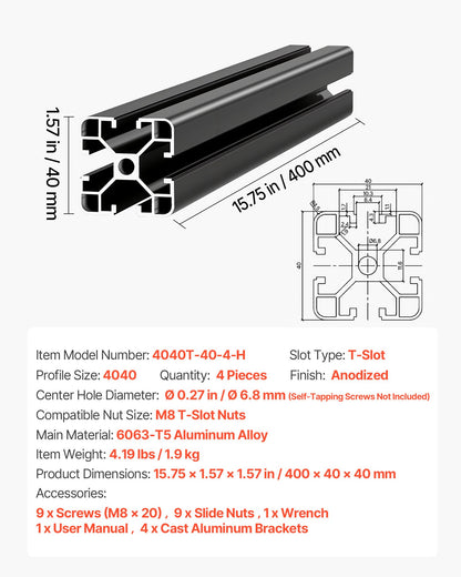 4PCS 4040 Aluminum Extrusion Profile, 15.75 Inch 400 mm, T Slot European Standard Anodized Linear Rail, High-Strength Extruded Aluminum Rail, for 3D Printer Parts and CNC DIY Workbench, Black