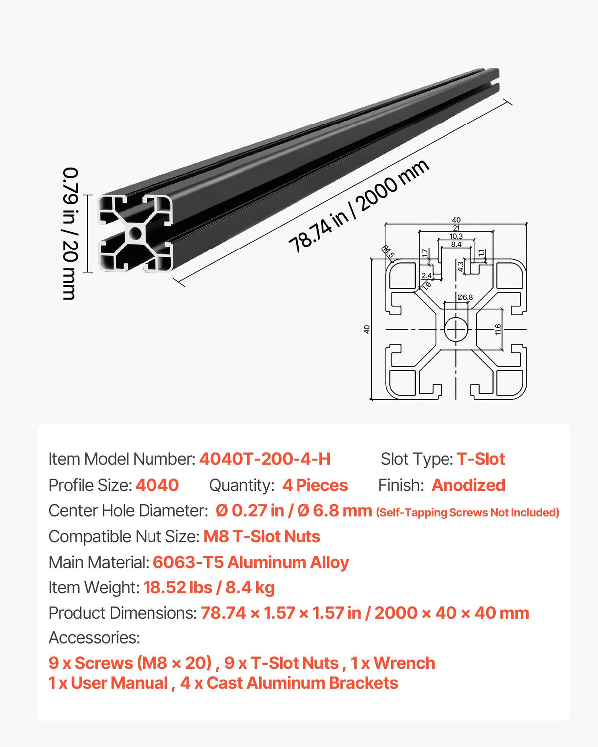4PCS 4040 Aluminum Extrusion Profile, 78.74 Inch 2000 mm, T Slot European Standard Anodized Linear Rail, High-Strength Extruded Aluminum Rail, for 3D Printer Parts and CNC DIY Workbench, Black