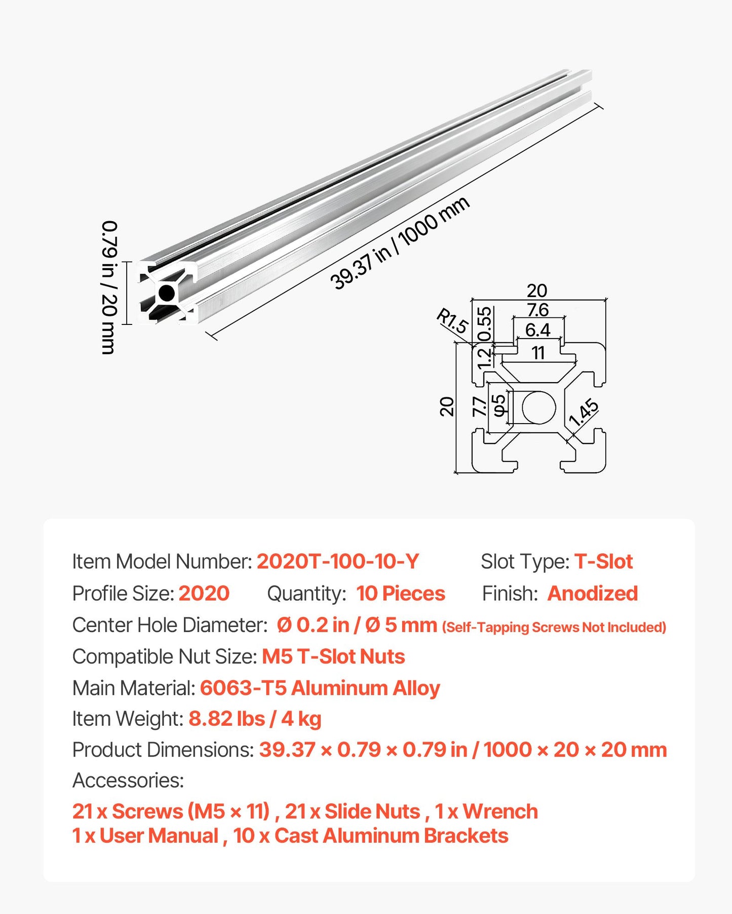 10PCS 2020 Aluminum Extrusion Profile, 39.37 Inch 1000 mm, T Slot European Standard Anodized Linear Rail, High-Strength Extruded Aluminum Rail, for 3D Printer Parts and CNC DIY Workbench, Silver