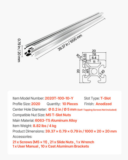 10PCS 2020 Aluminum Extrusion Profile, 39.37 Inch 1000 mm, T Slot European Standard Anodized Linear Rail, High-Strength Extruded Aluminum Rail, for 3D Printer Parts and CNC DIY Workbench, Silver