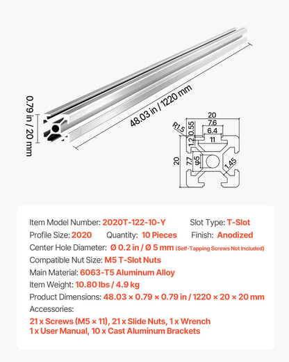 10PCS 2020 Aluminum Extrusion Profile, 48 Inch 1220 mm, T Slot European Standard Anodized Linear Rail, High-Strength Extruded Aluminum Rail, for 3D Printer Parts and CNC DIY Workbench, Silver