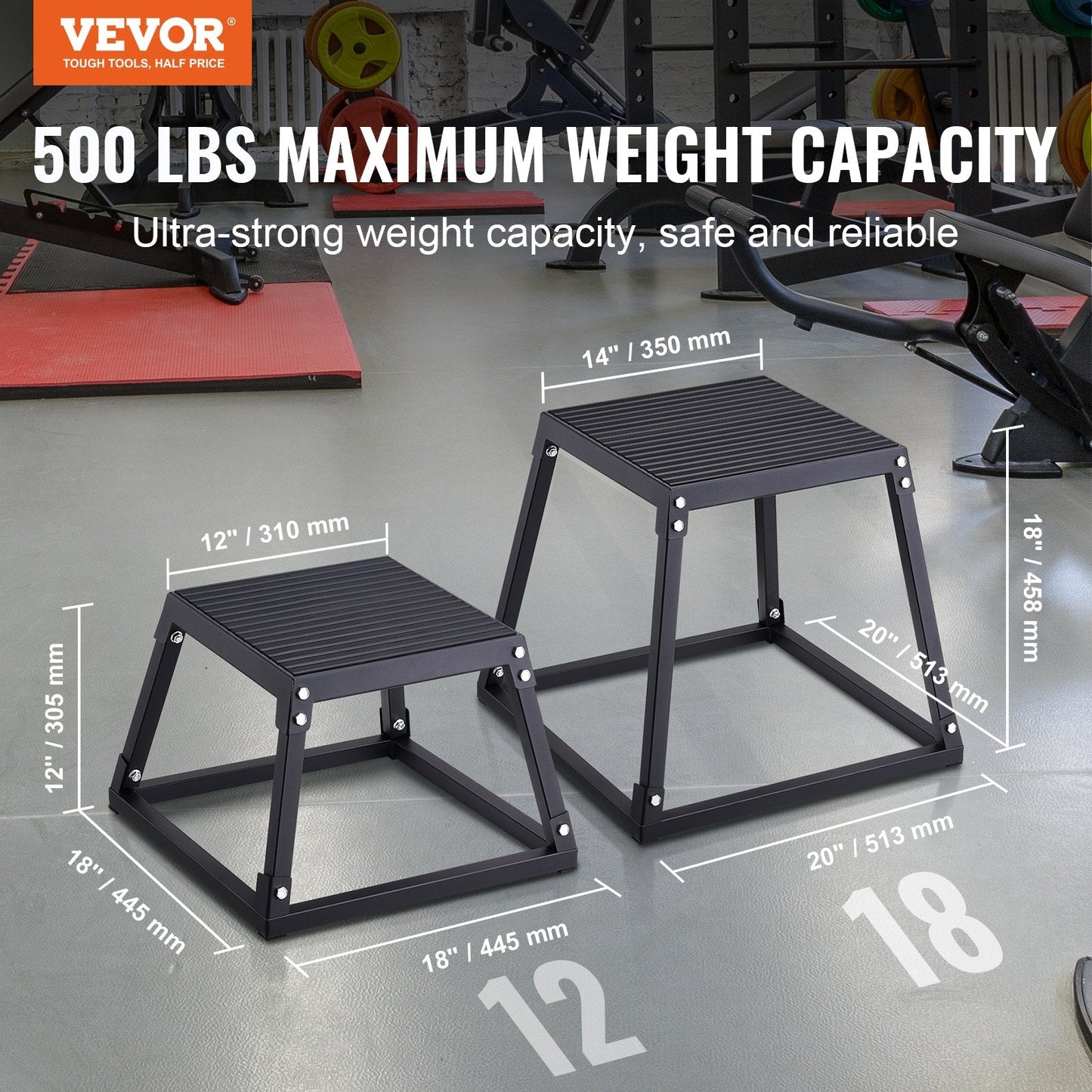 Steel Plyometric Jump Box, 0.46m, Anti-Slip Exercise Step for Home Gym, Black