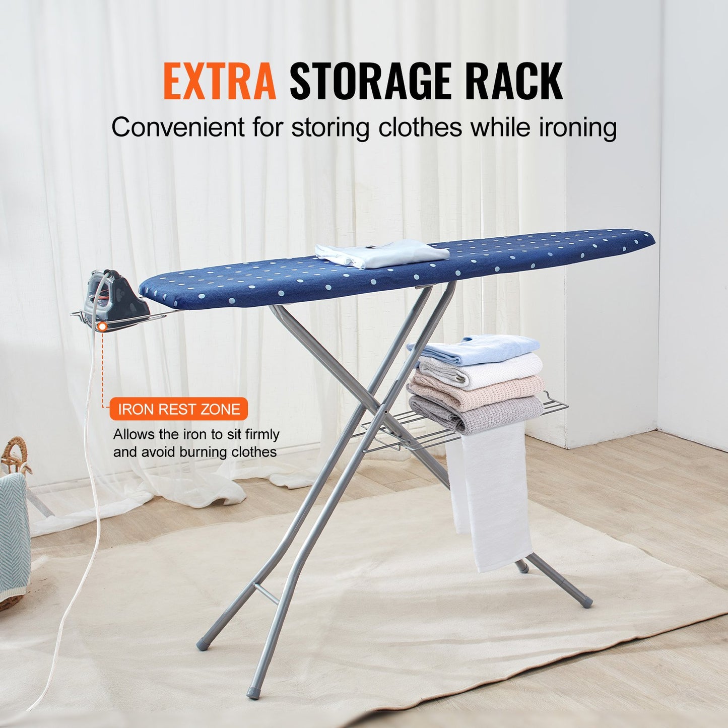 VEVOR Ironing Board with Bottom Storage Tray, Thickened 4 Layers Iron Board with