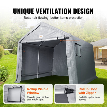 Portable Storage Shelter Garage Shed with Zipper Door, 2.13 x 3.66 x 2.24 m