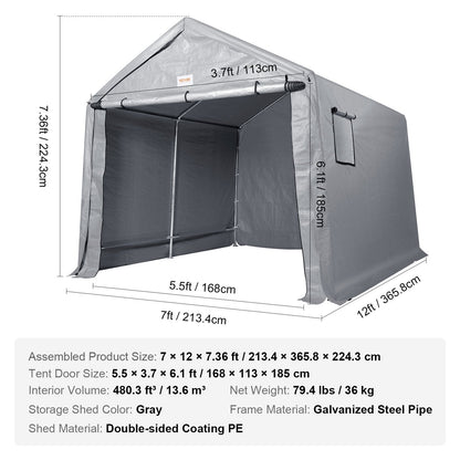 Portable Storage Shelter Garage Shed with Zipper Door, 2.13 x 3.66 x 2.24 m
