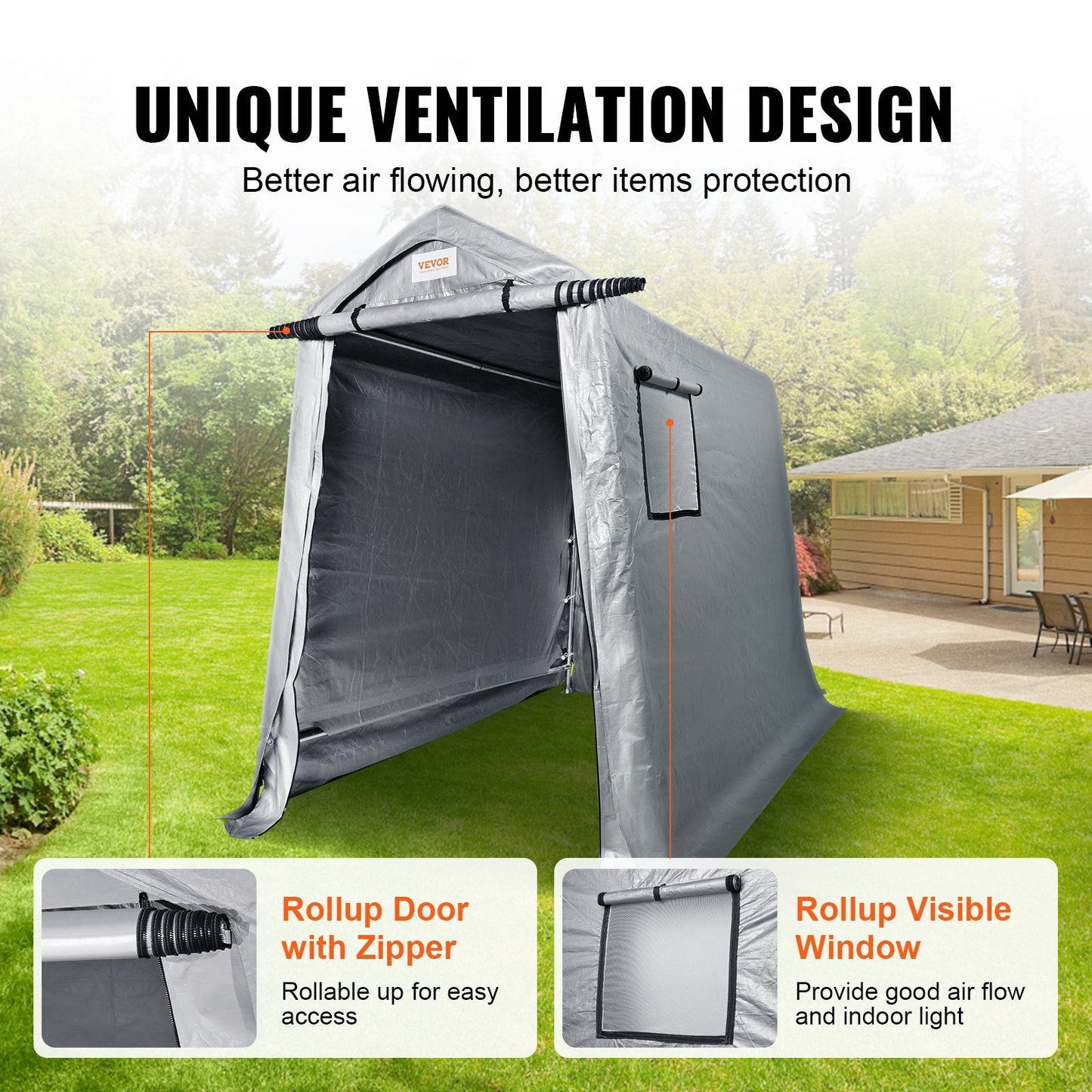 Portable Outdoor Storage Shed with Zipper Door - 1.8 x 2.4 x 2.1 m, Gray