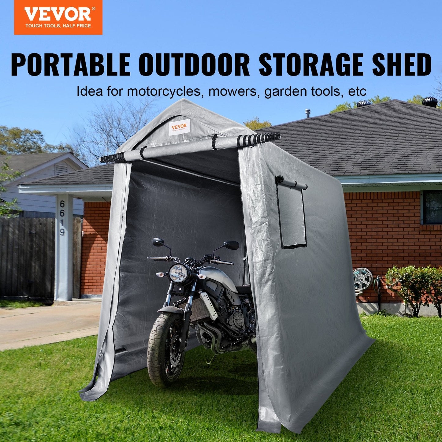 Portable Outdoor Storage Shed with Zipper Door - 1.8 x 2.4 x 2.1 m, Gray
