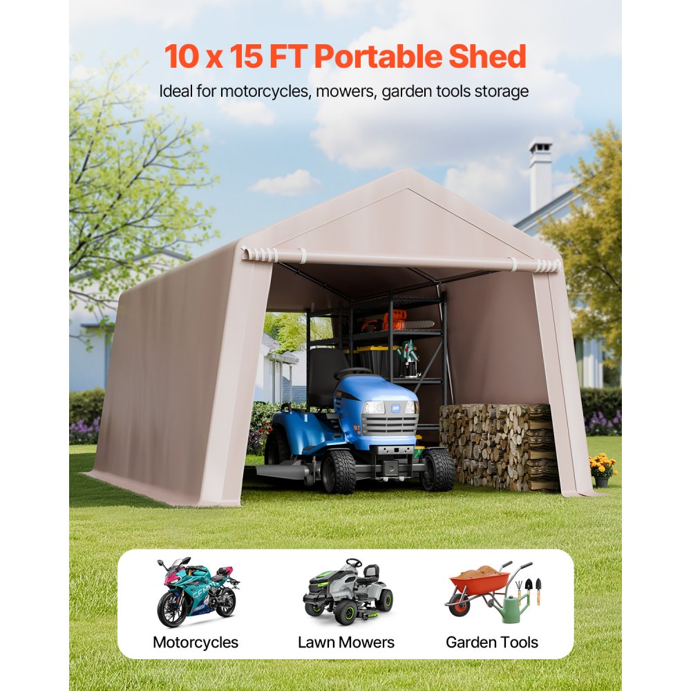 VEVOR Outdoor Storage Portable Shed 10x15 ft Waterproof Canopy Garage 2 Doors
