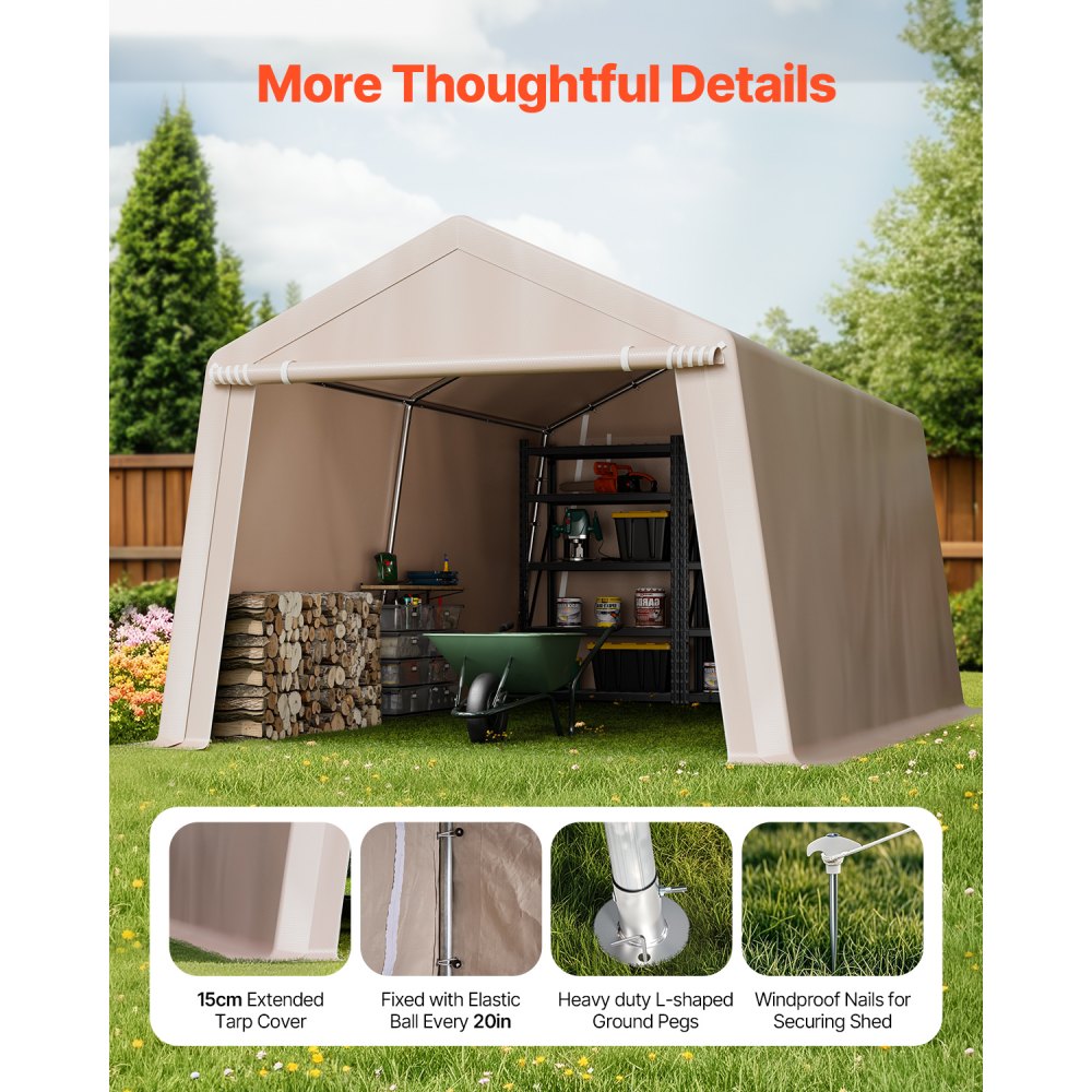 VEVOR Outdoor Storage Portable Shed 10x15 ft Waterproof Canopy Garage 2 Doors