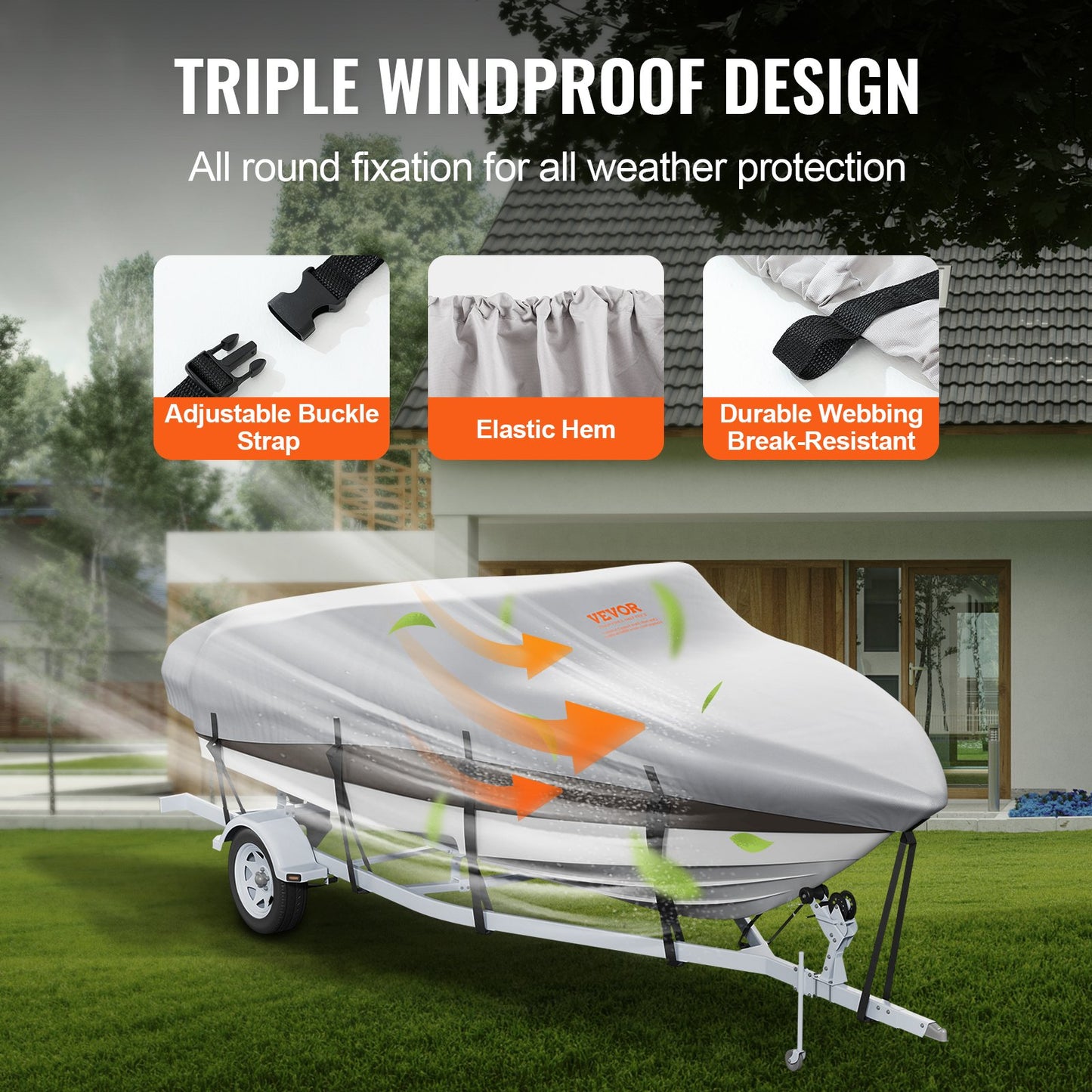 VEVOR Boat Cover 600D Waterproof 14-16 ft Boat Cover V-Hull Tri-Hull Runabout