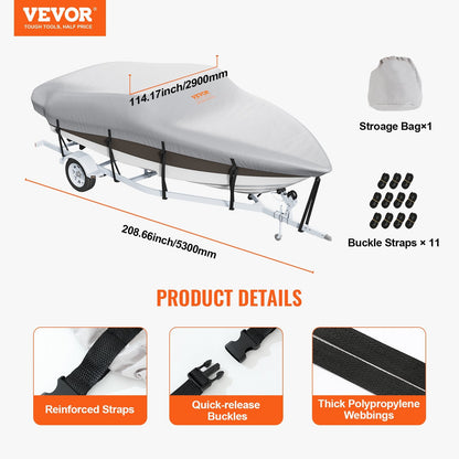 Waterproof 600D Oxford Boat Cover for 4.26-4.8m V-Hull/Tri-Hull Boats, Grey