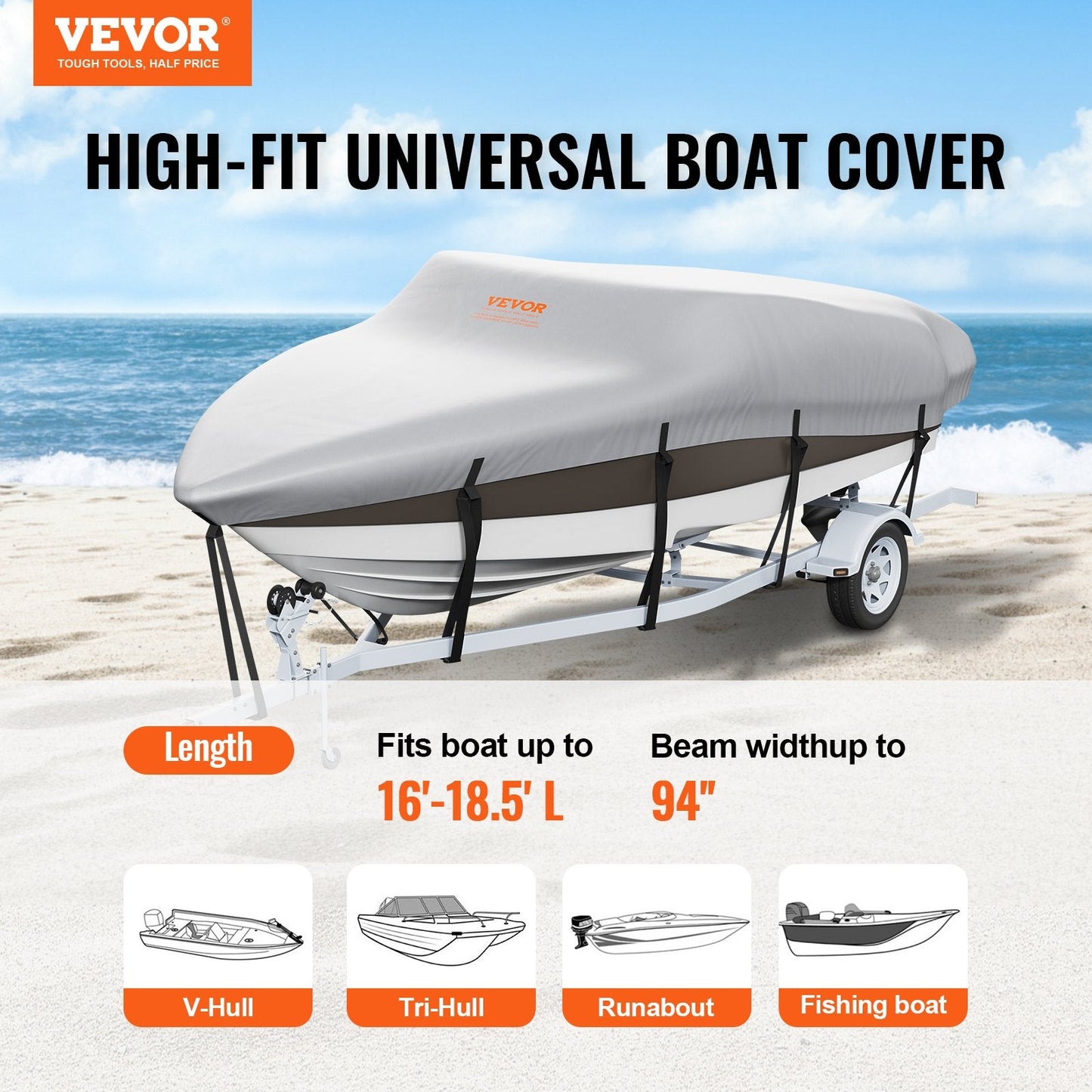 Waterproof Boat Cover for 4.88-5.64 m V-Hull/Tri-Hull, Tear-Resistant Oxford