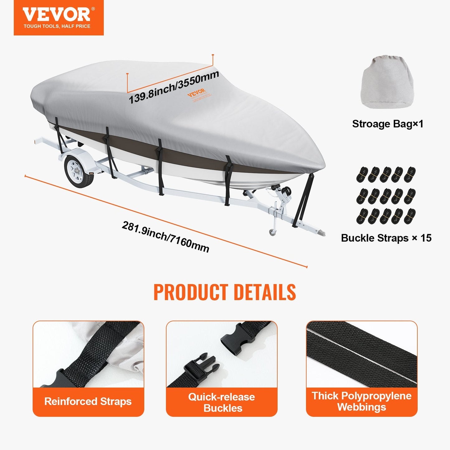 Durable 600D Waterproof Boat Cover for 6.1-6.7m V-Hull/Tri-Hull Runabouts