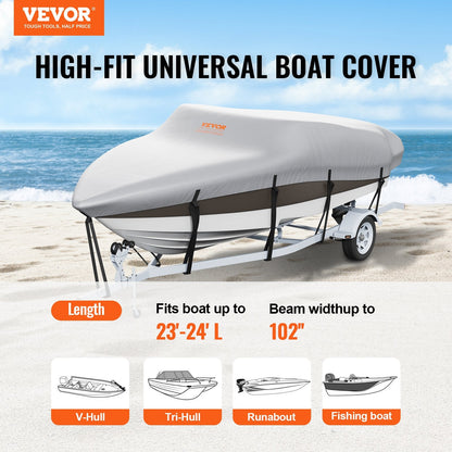 Waterproof 600D Boat Cover for 7-7.3m V-Hull/Tri-Hull Runabout, Grey