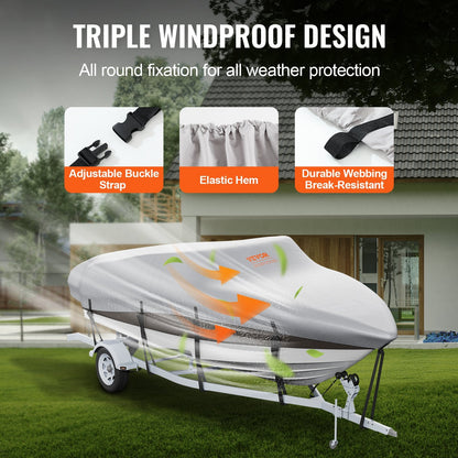 Waterproof 600D Boat Cover for 7-7.3m V-Hull/Tri-Hull Runabout, Grey
