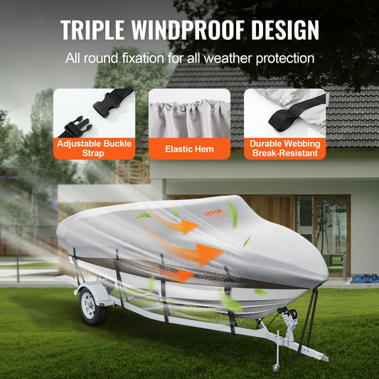 Waterproof 600D Boat Cover for 7-7.3m V-Hull/Tri-Hull Runabout, Grey