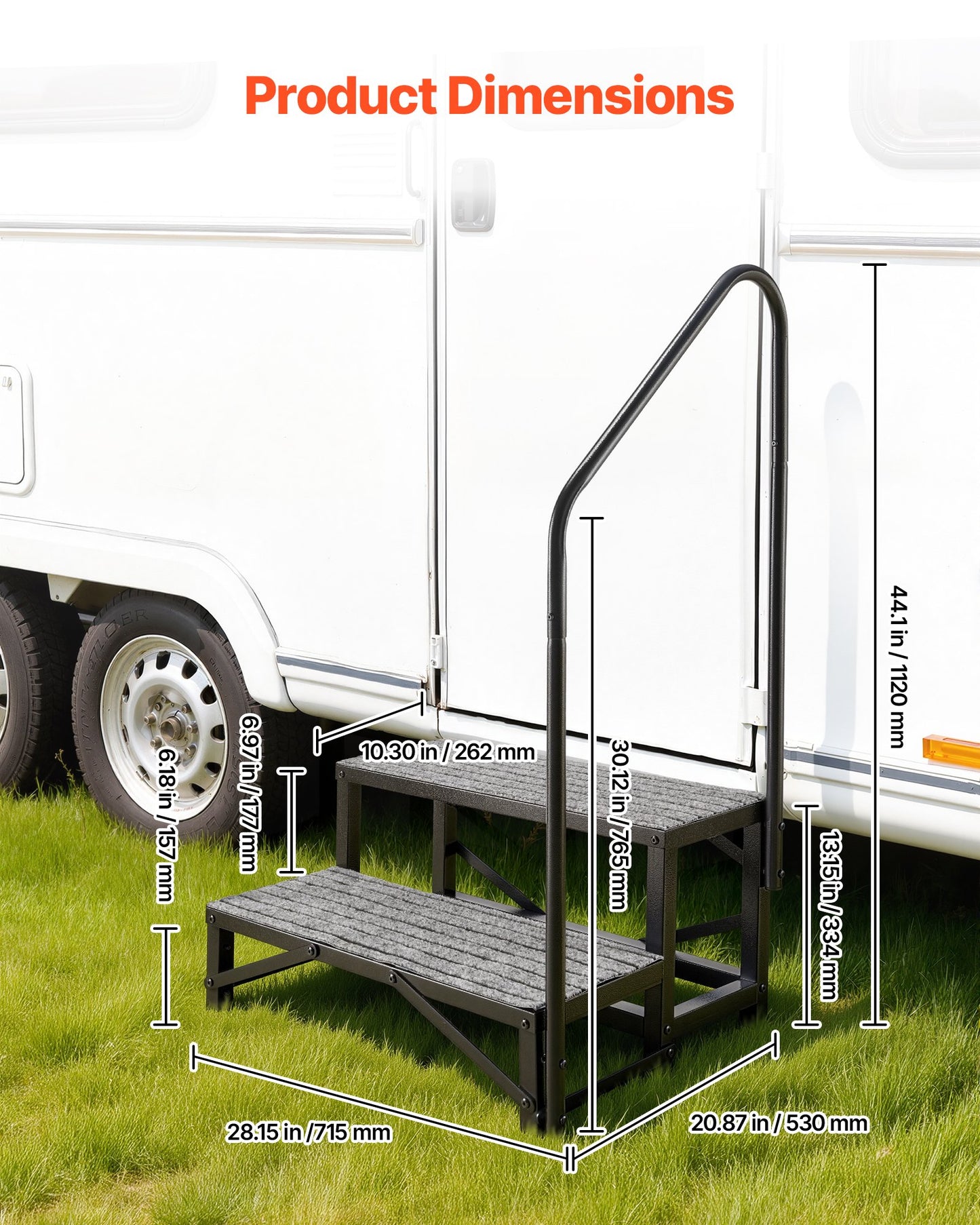 RV Steps with Handrail, 2 Steps, 300 kg Load Capacity, Heavy Duty Outdoor RV Stairs with Non-Slip Mat for Elderly and Pets, Portable Stairs for Hot Tub, Camper, Mobile Home, Porch, Pool, SPA