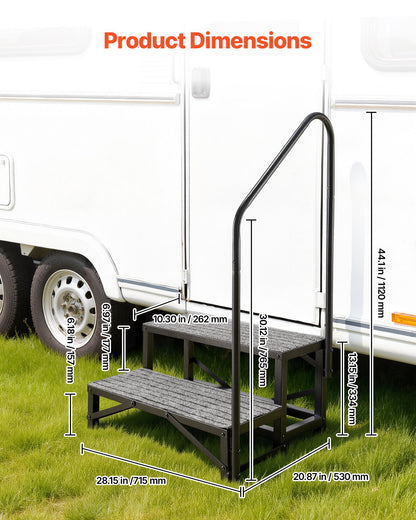 RV Steps with Handrail, 2 Steps, 300 kg Load Capacity, Heavy Duty Outdoor RV Stairs with Non-Slip Mat for Elderly and Pets, Portable Stairs for Hot Tub, Camper, Mobile Home, Porch, Pool, SPA