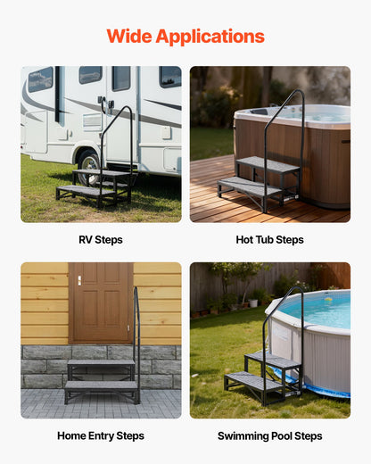 RV Steps with Handrail, 2 Steps, 300 kg Load Capacity, Heavy Duty Outdoor RV Stairs with Non-Slip Mat for Elderly and Pets, Portable Stairs for Hot Tub, Camper, Mobile Home, Porch, Pool, SPA