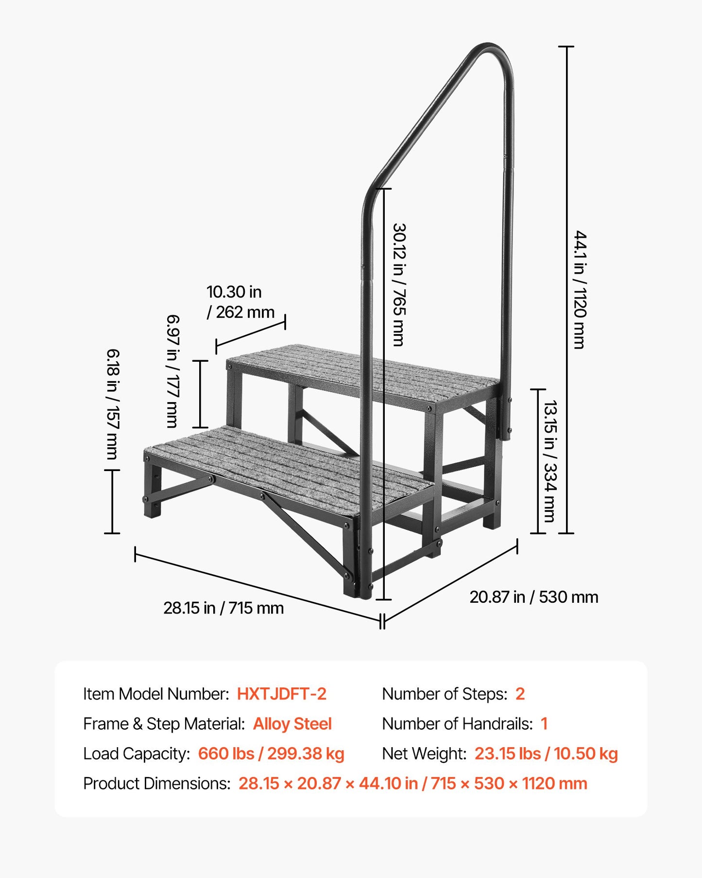 RV Steps with Handrail, 2 Steps, 300 kg Load Capacity, Heavy Duty Outdoor RV Stairs with Non-Slip Mat for Elderly and Pets, Portable Stairs for Hot Tub, Camper, Mobile Home, Porch, Pool, SPA