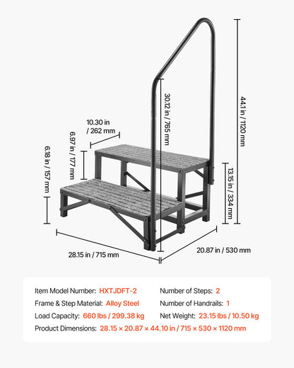 RV Steps with Handrail, 2 Steps, 300 kg Load Capacity, Heavy Duty Outdoor RV Stairs with Non-Slip Mat for Elderly and Pets, Portable Stairs for Hot Tub, Camper, Mobile Home, Porch, Pool, SPA