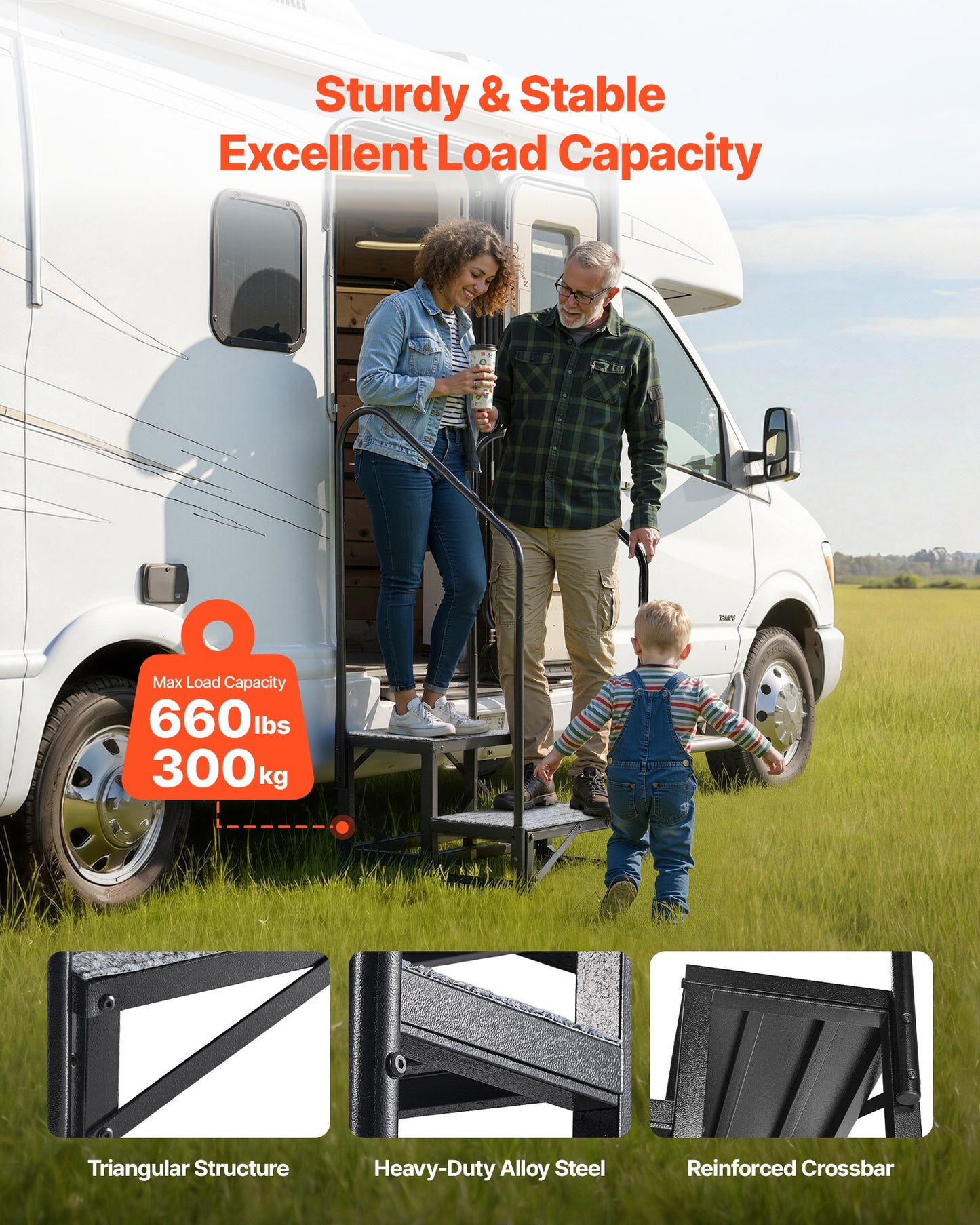 RV Steps with Dual Handrails, 2 Steps, 300 kg Load Capacity, Heavy Duty Outdoor RV Stairs with Non-Slip Mat for Elderly/Pets, Portable Stairs for Hot Tub, Camper, Mobile Home, Porch, Pool, SPA