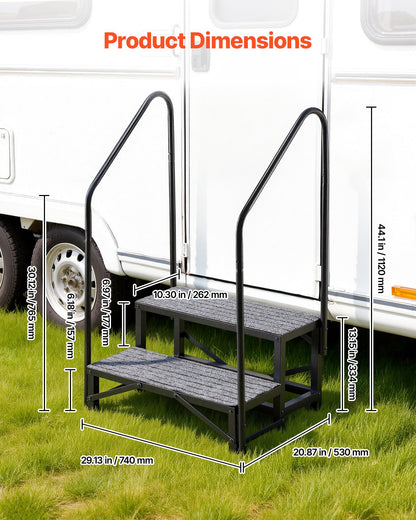RV Steps with Dual Handrails, 2 Steps, 300 kg Load Capacity, Heavy Duty Outdoor RV Stairs with Non-Slip Mat for Elderly/Pets, Portable Stairs for Hot Tub, Camper, Mobile Home, Porch, Pool, SPA