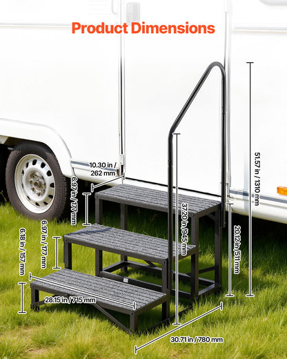 RV Steps with Handrail, 3 Steps, 300 kg Load Capacity, Heavy Duty Outdoor RV Stairs with Non-Slip Mat for Elderly and Pets, Portable Stairs for Hot Tub, Camper, Mobile Home, Porch, Pool, SPA